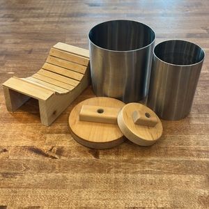 EUC Stainless Steel Cheese Molds and Wooden Cheese Cradle
